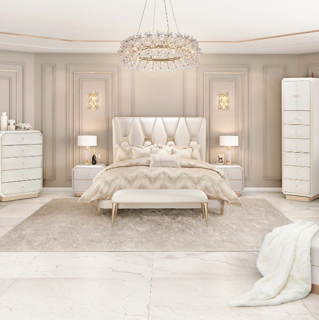 AICO La Rachelle Queen Upholstered Panel Bed in Medium Champagne