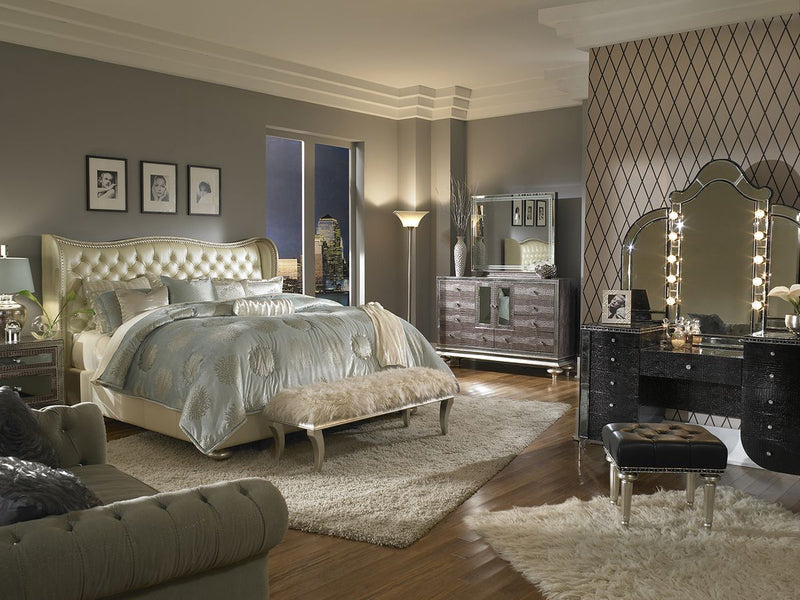 AICO Hollywood Swank Queen Upholstered Platform Bed in Pearl