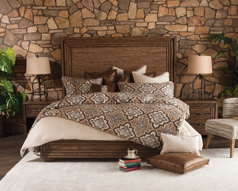 Aico Carrollton Queen Panel Bed with Fabric Insert in Rustic Ranch