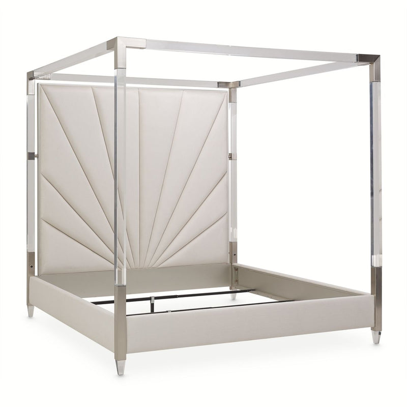 AICO Penthouse/Lanterna King Canopy Channel Tufted Upholstered Bed in Silver Mist