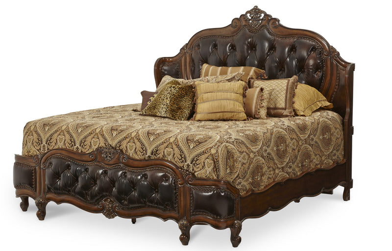 AICO Lavelle Melange Queen Mansion Bed w/ Leather Inserts in Warm Brown CLOSEOUT image