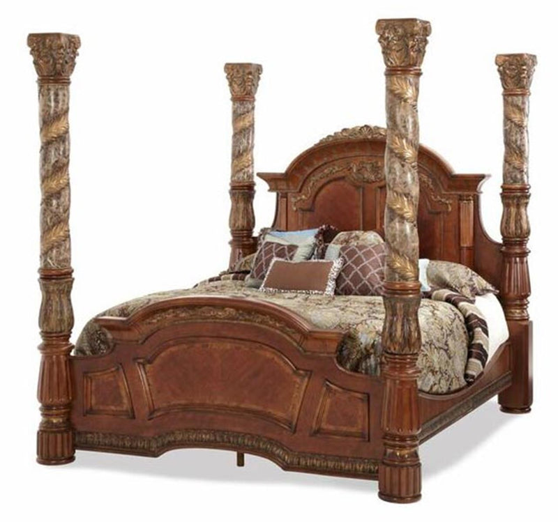 AICO Villa Valencia King Poster Bed with Canopy in Chestnut image